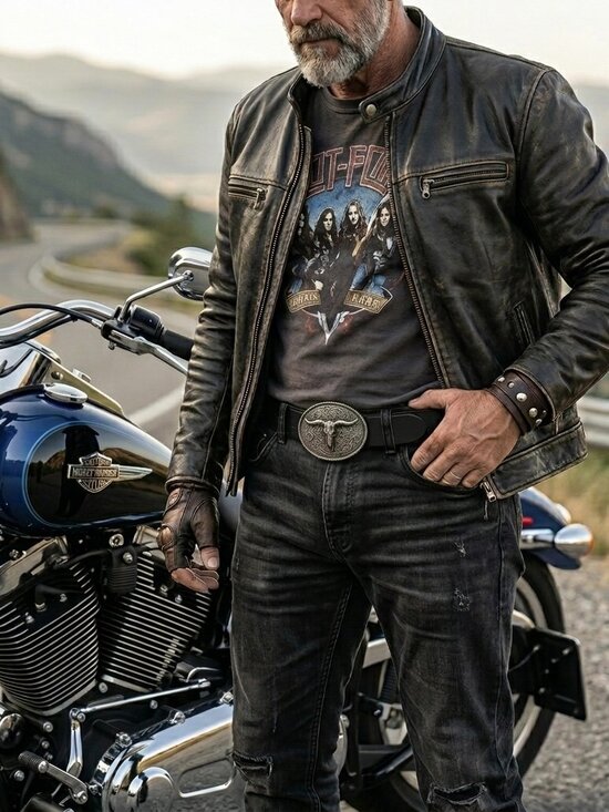 Longhorn Skull Genuine Leather Western Biker Belt Antique Silver Engraved Buckle - Picture 3 of 3